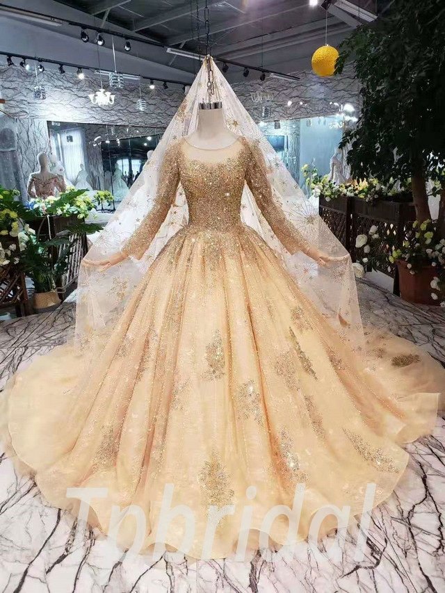 Gold Ball Gown Wedding Dress Bling Long Sleeve With Veil