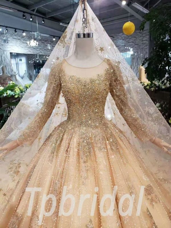 Gold Ball Gown Wedding Dress Bling Long Sleeve With Veil