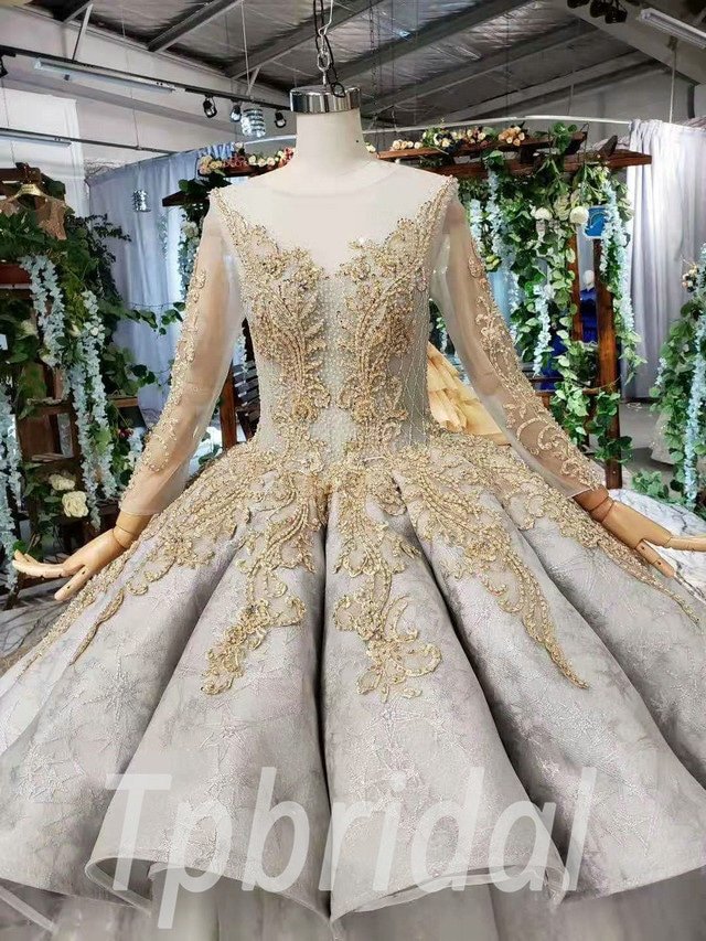 Grey And Gold Wedding Dress Hand Made Beaded Long Sleeve