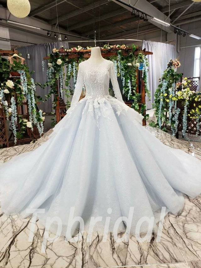 Light Blue Wedding Dress Simple Ball Gown Long Sleeve