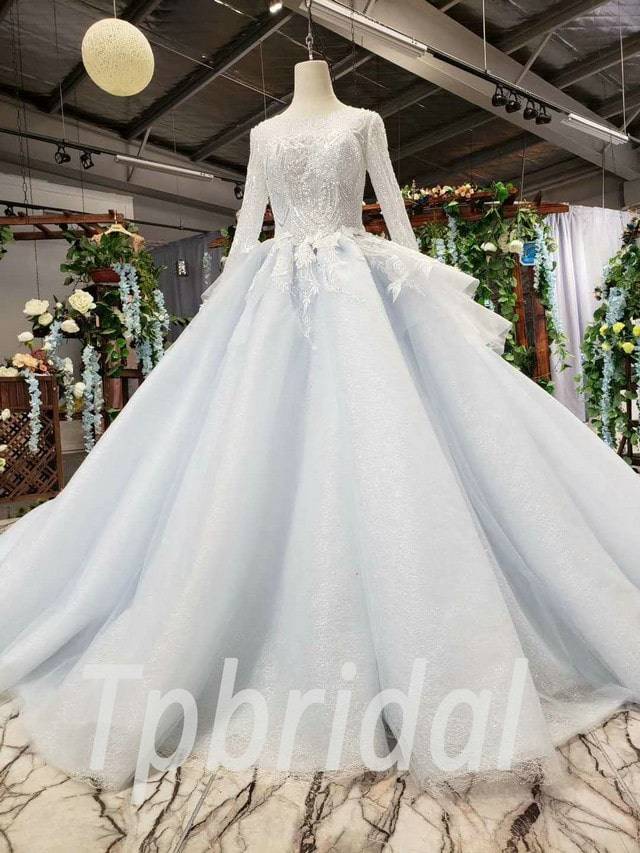 Light Blue Wedding Dress Simple Ball Gown Long Sleeve