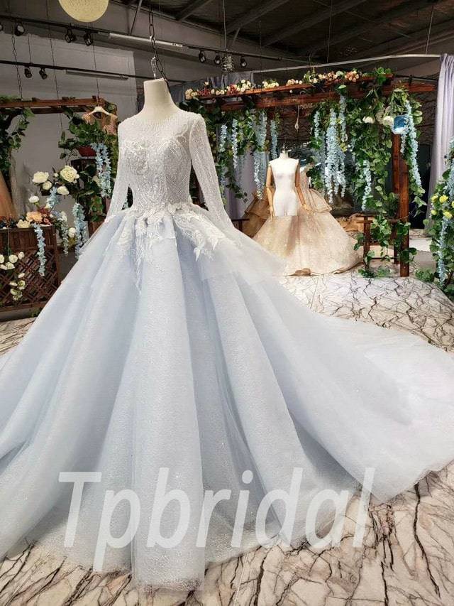 Light Blue Wedding Dress Simple Ball Gown Long Sleeve