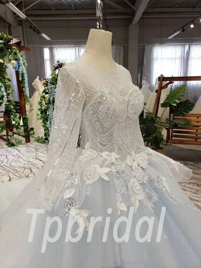 Light Blue Wedding Dress Simple Ball Gown Long Sleeve - Image 7