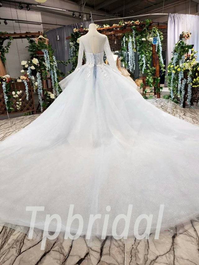 Light Blue Wedding Dress Simple Ball Gown Long Sleeve