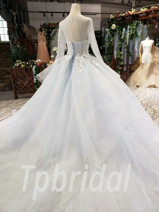 Light Blue Wedding Dress Simple Ball Gown Long Sleeve - Image 5