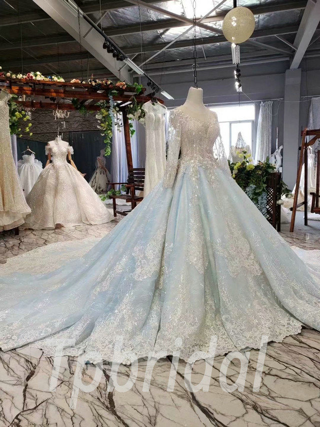 Light Blue Wedding Dress V Neck Long Sleeve Ball Gown Prom