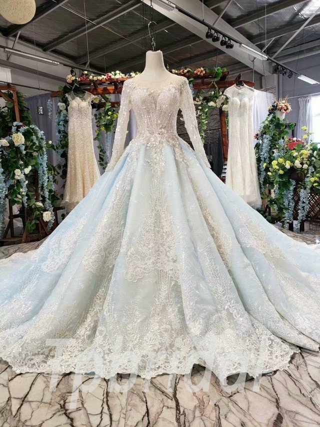 Light Blue Wedding Dress V Neck Long Sleeve Ball Gown Prom