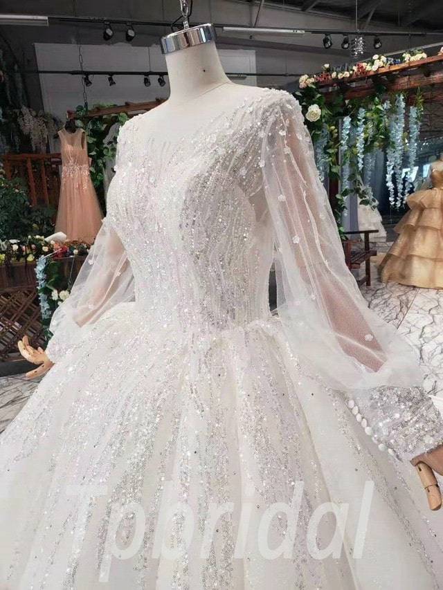 Puff Sleeve Wedding Dress Bling Lace Hand Made Bridal Dress