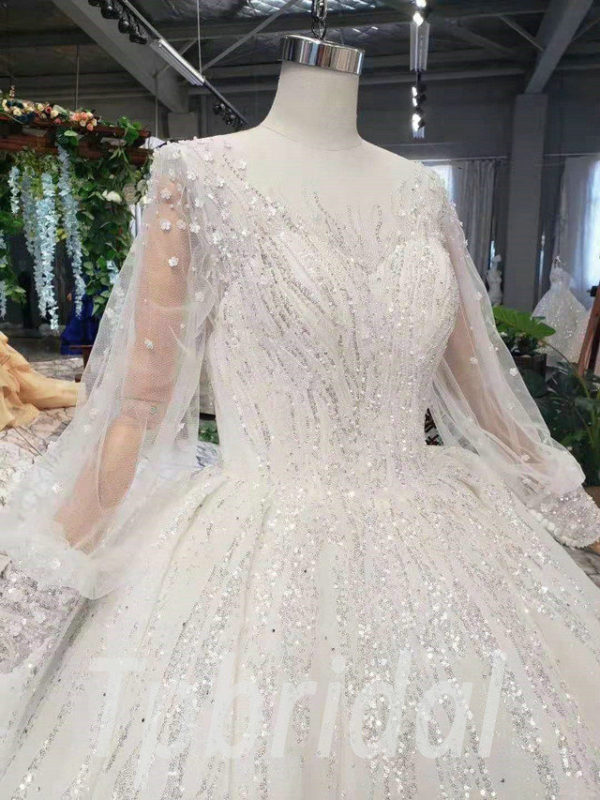 Puff Sleeve Wedding Dress Bling Lace Hand Made Bridal Dress