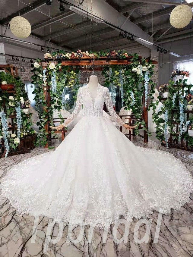 V Neck Ball Gown Wedding Dress White Long Sleeve Bridal