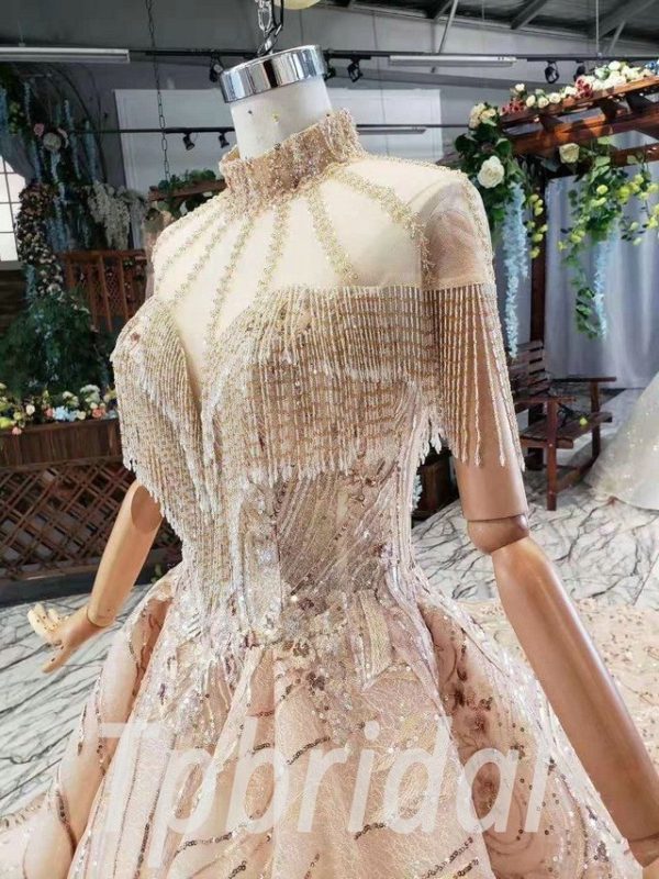 Wedding Dress For Bride High Neck Crystal Gold Prom Dress