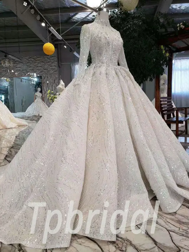 Champagne Wedding Dress Plus Size High Neck Long Sleeve - Image 5