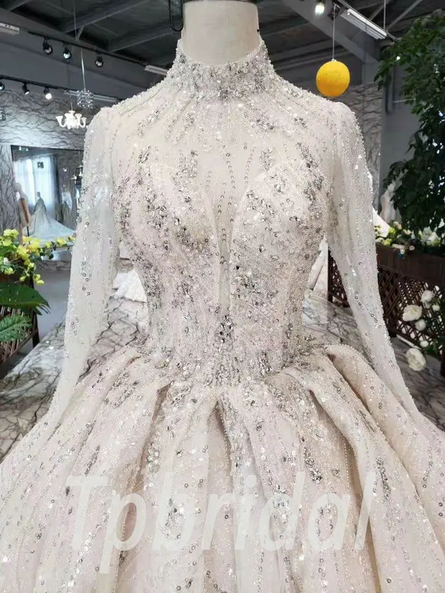 Champagne Wedding Dress Plus Size High Neck Long Sleeve - Image 8