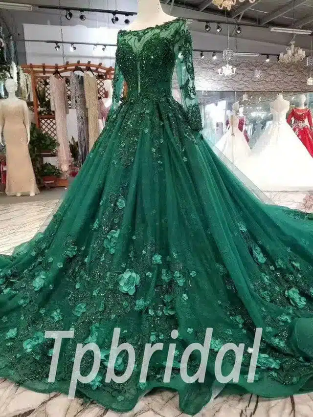 Dark Green Prom Dress Long Sleeve Flowers With Train - Image 5