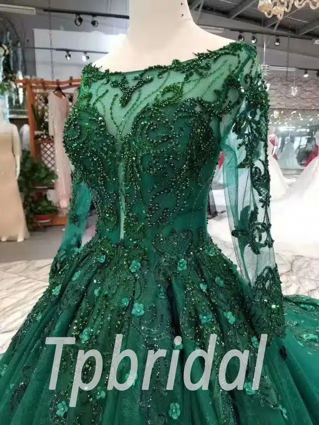 Dark Green Prom Dress Long Sleeve Flowers With Train - Image 6