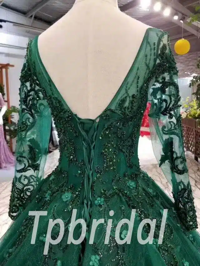 Dark Green Prom Dress Long Sleeve Flowers With Train - Image 8
