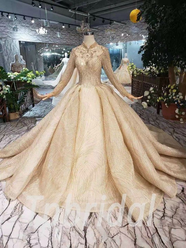 Ball Gown Puff Sleeve High Neck Cathedral Train Heavy Lace Beading Gol –  Mermaid Bridal