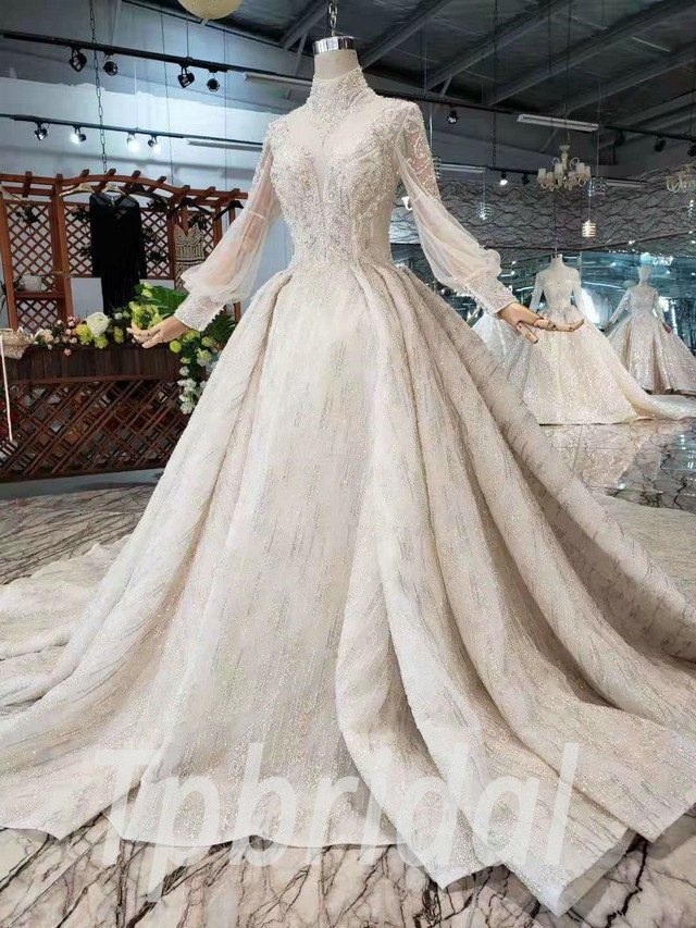champagne long sleeve wedding dress