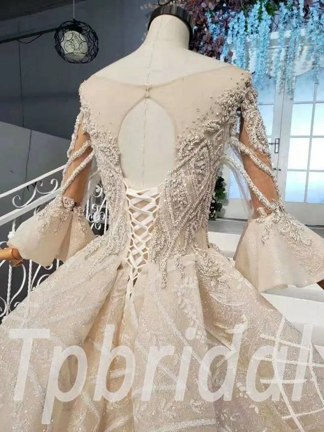 3/4 Sleeve Wedding Dress Champagne Lace Long Train Bridal Dress - Image 7