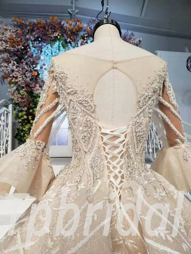 3/4 Sleeve Wedding Dress Champagne Lace Long Train Bridal Dress - Image 6