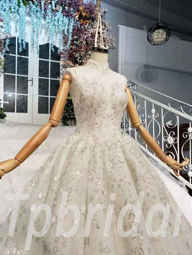 Sleeveless Ball Gown Wedding Dress High Neck Long Train - Image 7