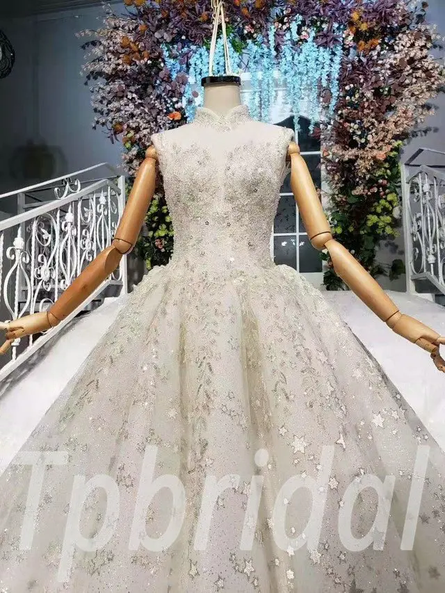 Sleeveless Ball Gown Wedding Dress High Neck Long Train - Image 5