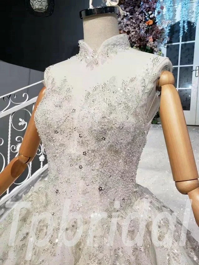 Sleeveless Ball Gown Wedding Dress High Neck Long Train - Image 9