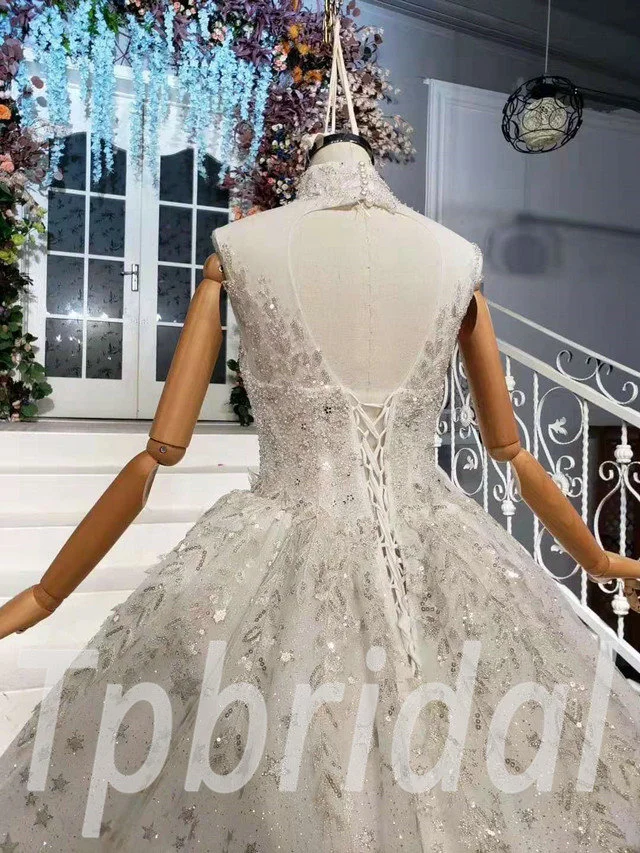 Sleeveless Ball Gown Wedding Dress High Neck Long Train - Image 8