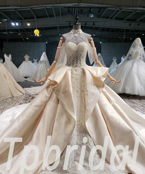 champagne satin wedding dress 641-02