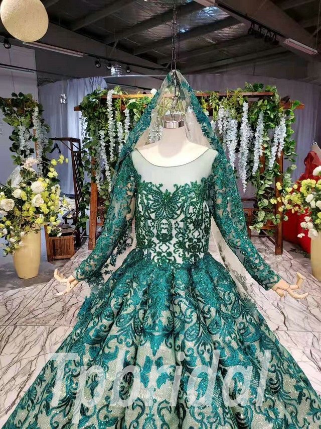 Dark Green Ball Gown Prom Dress Long Sleeve With Veil