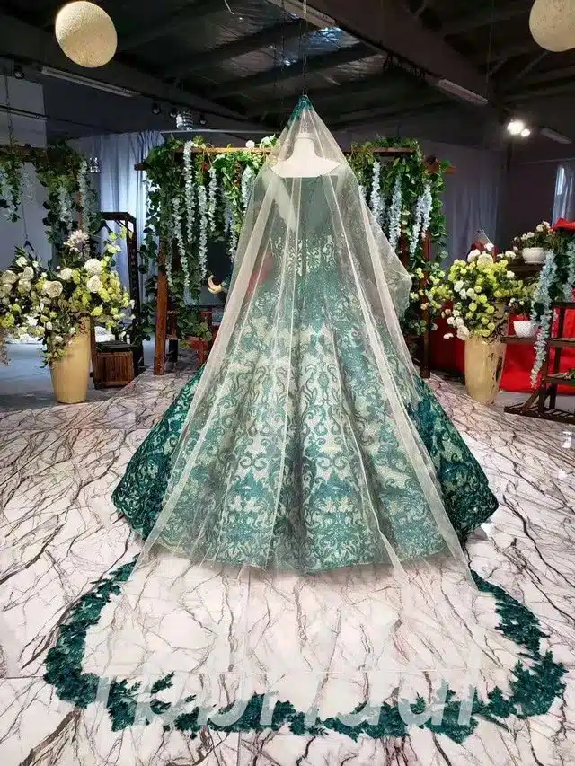 Alternative view of Dark Green Ball Gown Prom Dress Long Sleeve With Veil