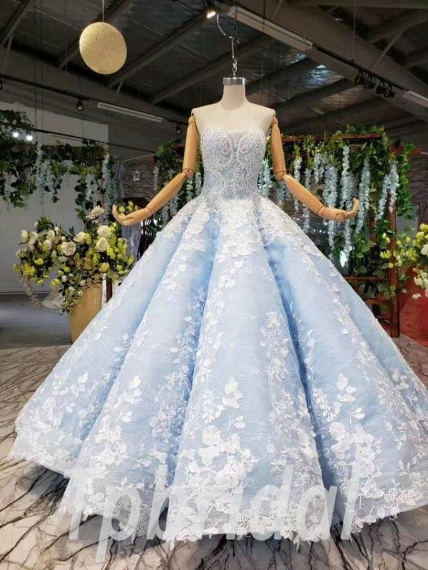 Light Blue Ball Gown Prom Dress Strapless Quinceanera Sweet 15 Dress