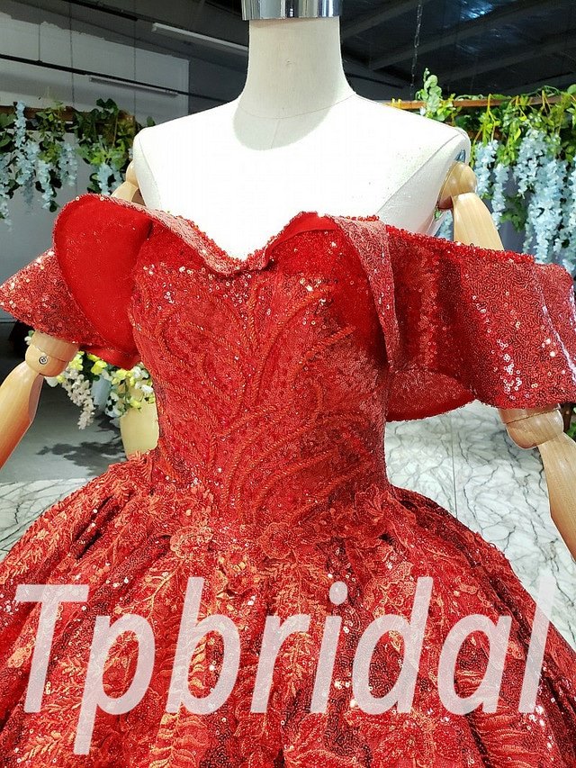 Various styles - Cap sleeves or sleeveless red sparkle ball gown wedding  dress with beaded lace