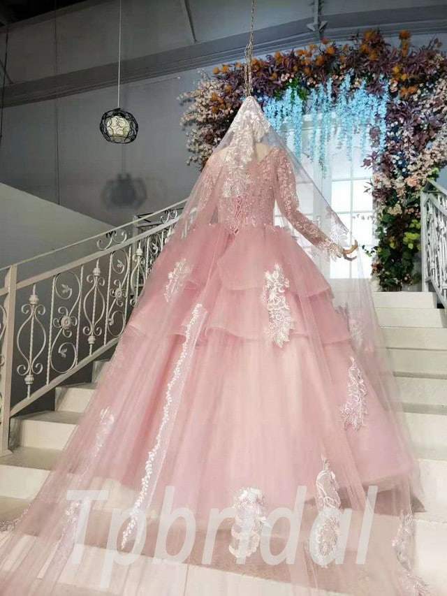 long sleeve pink ball gown