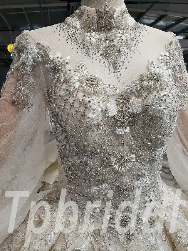 Puff Sleeve Wedding Dress High Neck Long Sleeve With Train - Image 5