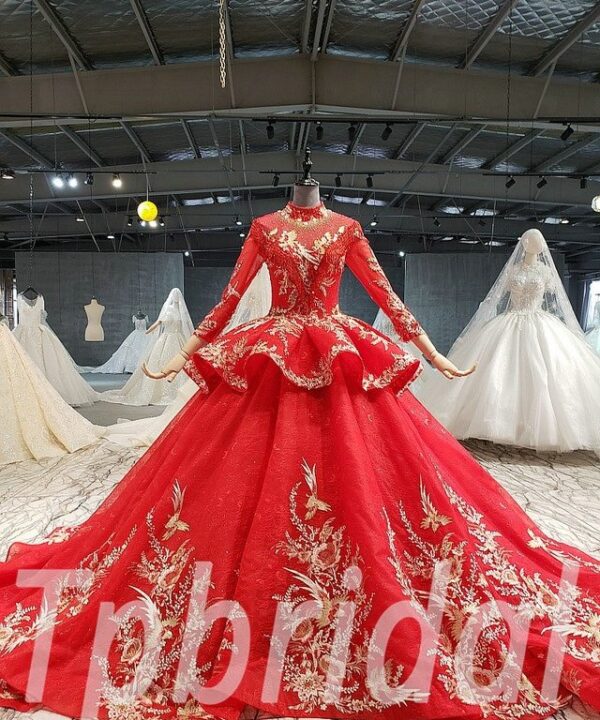 red long sleeve wedding dress 639-06