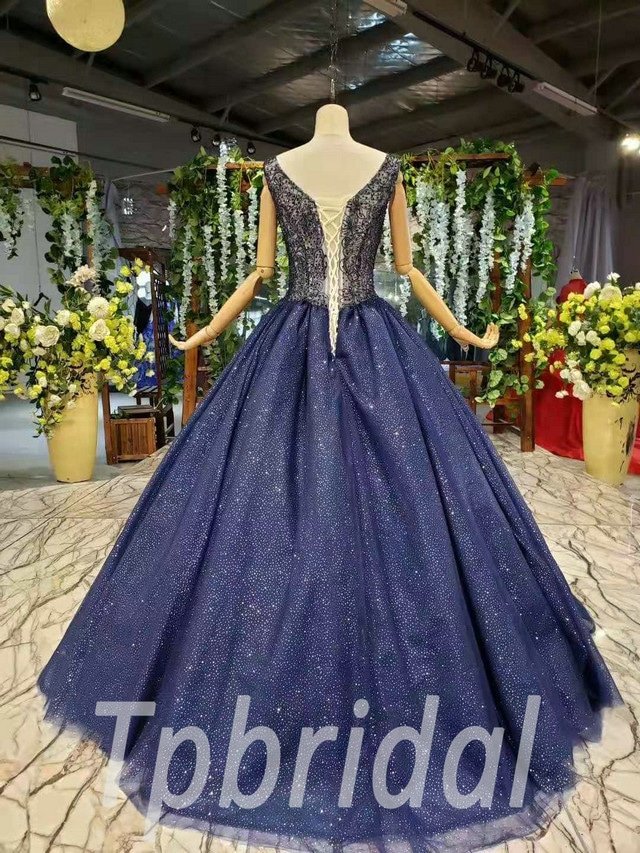 Royal Blue Prom Dress V Neck Sleeveless Ball Gown Quinceanera Dress