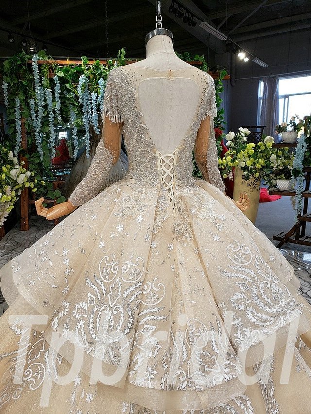  Keyhole  Back  Wedding Dress  Champagne Ball Gown  Long Sleeve