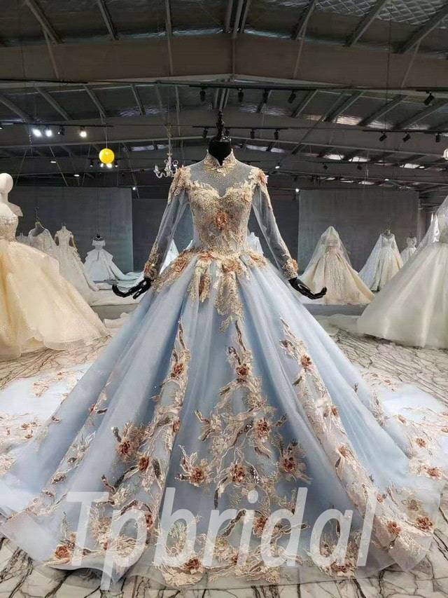 Light Blue Wedding Dress High Neck Ball Gown With Veil