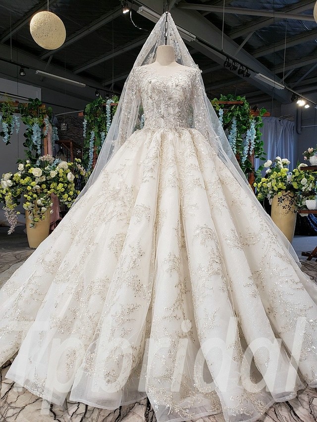 Long Sleeve Beaded Wedding Dress Sparkle Ball Gown With Train