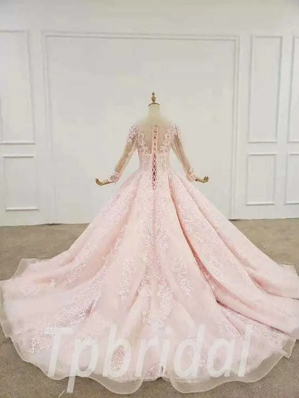 Pink Ball Gown Quinceanera Dress Long Sleeves With Train - Image 5