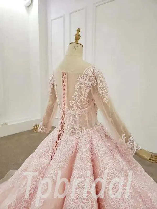 Pink Ball Gown Quinceanera Dress Long Sleeves With Train - Image 6