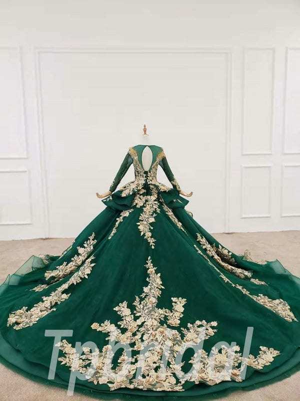Green Lace Prom Dress Ball Gown Long Sleeve With Train