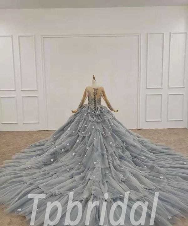 Alternative view of Grey Ball Gown Wedding Dress Long Sleeves Prom Dress With Flowers