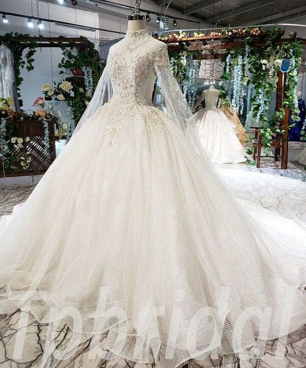 Long Cape Wedding Dress High Neck Ball Gown Bridal Gown