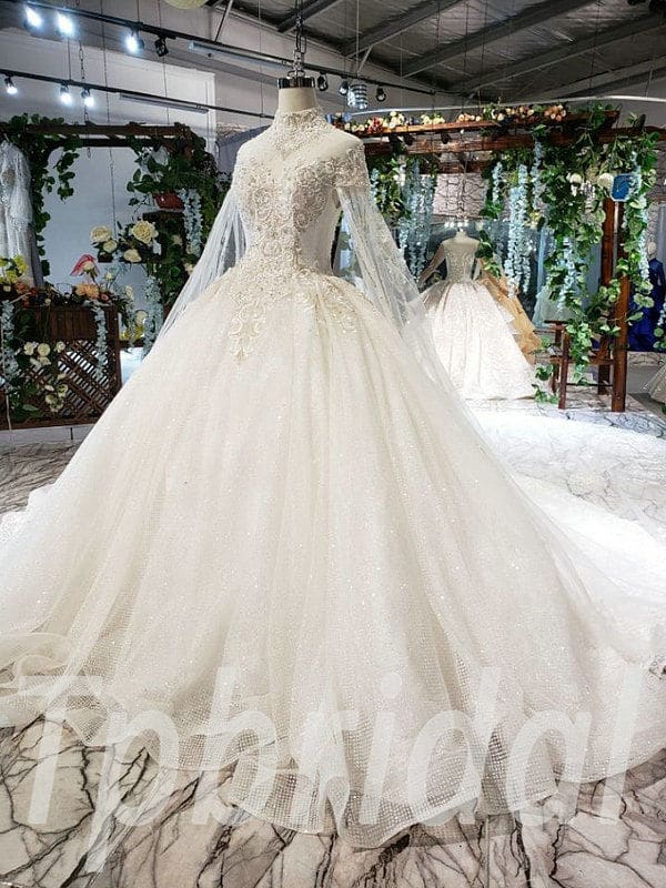 Long Cape Wedding Dress High Neck Ball Gown Bridal Gown