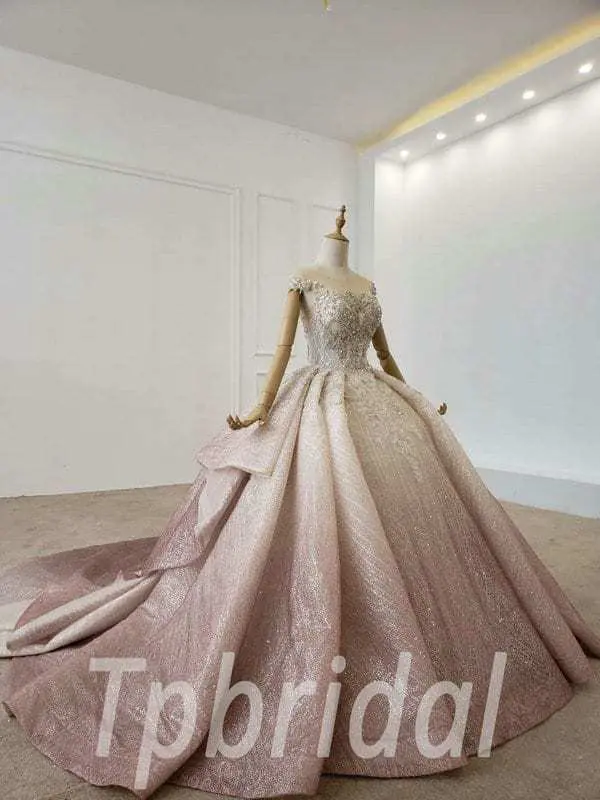 Pink Sparkly Ball Gown Prom Dress Long Sleeve Wedding Dress - Image 4