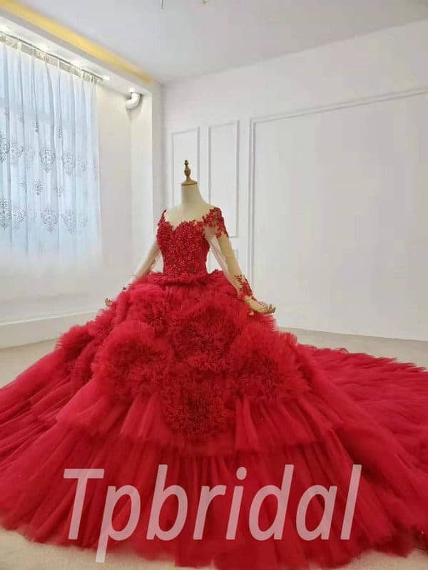 Red Ball Gown Wedding Dress Long Sleeve Train