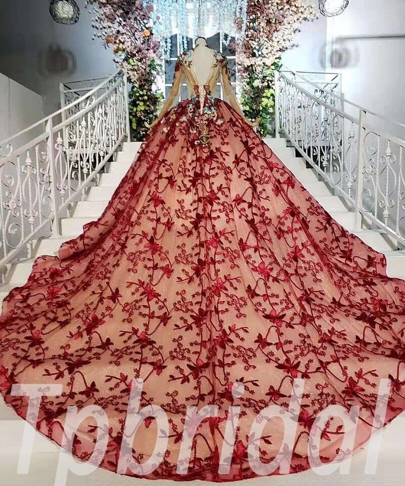 Alternative view of Red Lace Wedding Dress Ball Gown Long Sleeve With Train