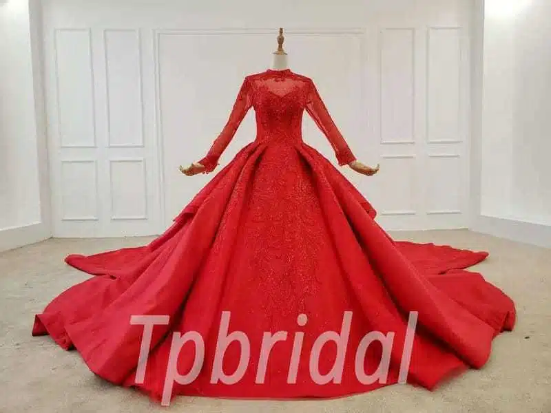 red wedding dress with train 683-009